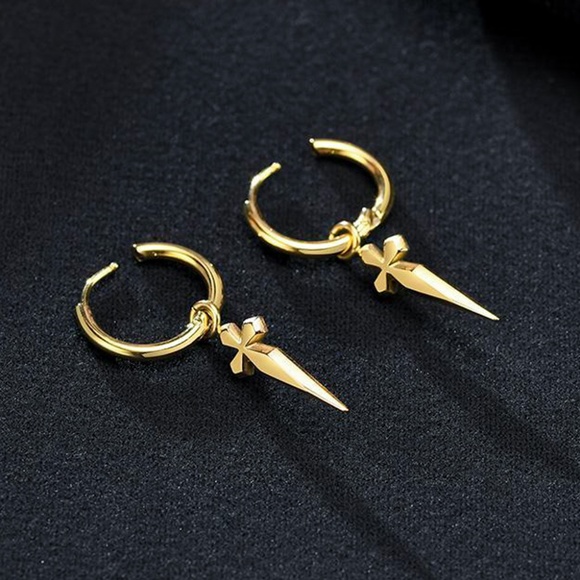 Mens Solid Gold Dagger Sword Hanging Cross Huggie Sterling Silver Hoop Earrings - Picture 5 of 6